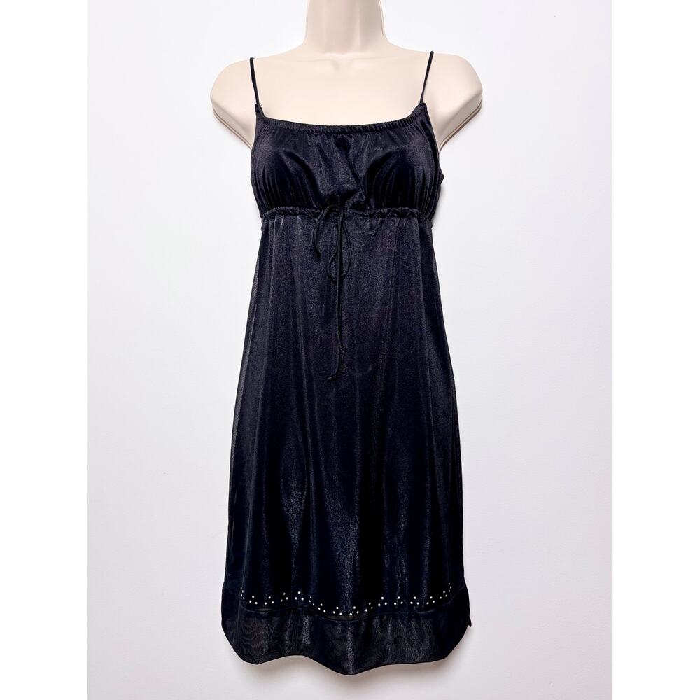 Vintage 90s FreshJive Black Satin Babydoll Mini Dress Pearl Studs
